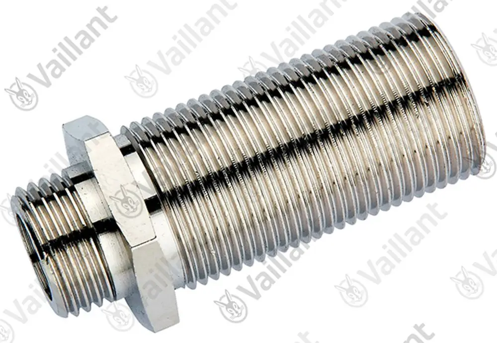 Vaillant Anschlussstück mit Außengewinde, metallisch, zylindrisch geformt, mit Rillenstruktur, zur Verbindung von Rohren oder Geräten im Heizungsbereich.
